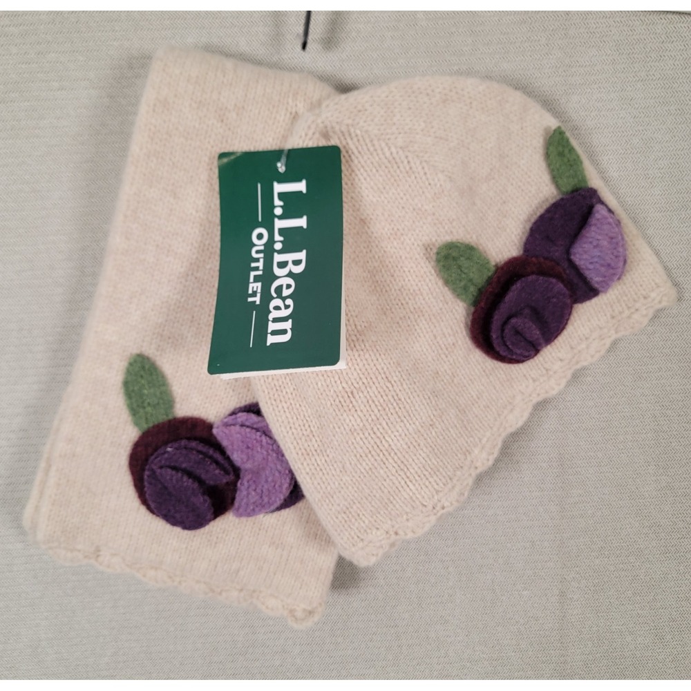 LL Bean Keyhole Scarf Beanie Hat Set Wool Blend Felt Flowers NEW Oatmeal Purple